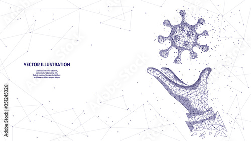 Closeup hand holds a virus. Virus research concept, innovative medical technology, COVID-19 coronavirus. Low poly wireframe vector illustration.