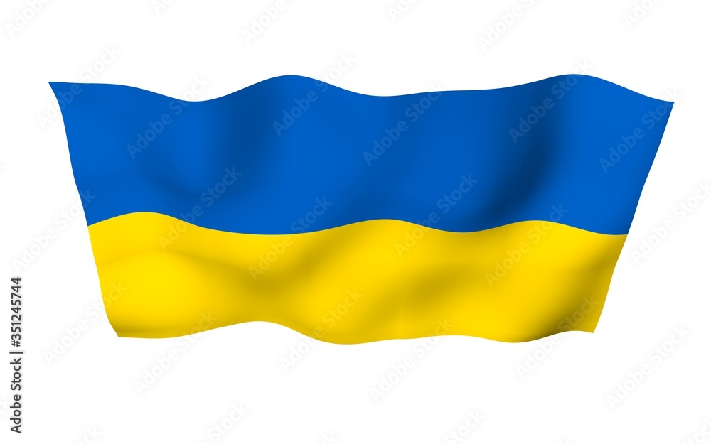 The flag of Ukraine on a white background. National flag and state ensign. Blue and yellow bicolour. 3D illustration waving flag The flag of Ukraine on a white background. National flag and state ensign. Blue and yellow bicolour. 3D illustration waving flag