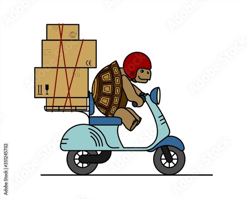 turtle is riding a scooter. Slow delivery. A cute turtle in a helmet carries boxes on a moped. Signs on cardboard boxes. Symbol of slowness. flat vector illustration isolated on white background.
