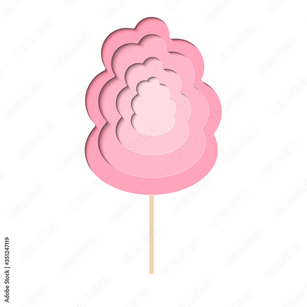 Cotton candy vector paper cut illustration. Pink sweets on wooden stick. Yummy treat for children offered in amusement or theme park. Layered paper art with shadows. Realistic minmal layout template Cotton candy vector paper cut illustration. Pink sweets on wooden stick. Yummy treat for children offered in amusement or theme park. Layered paper art with shadows. Realistic minmal layout template