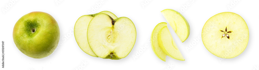Set of fresh whole and sliced green apples on a white background Set of fresh whole and sliced green apples on a white background