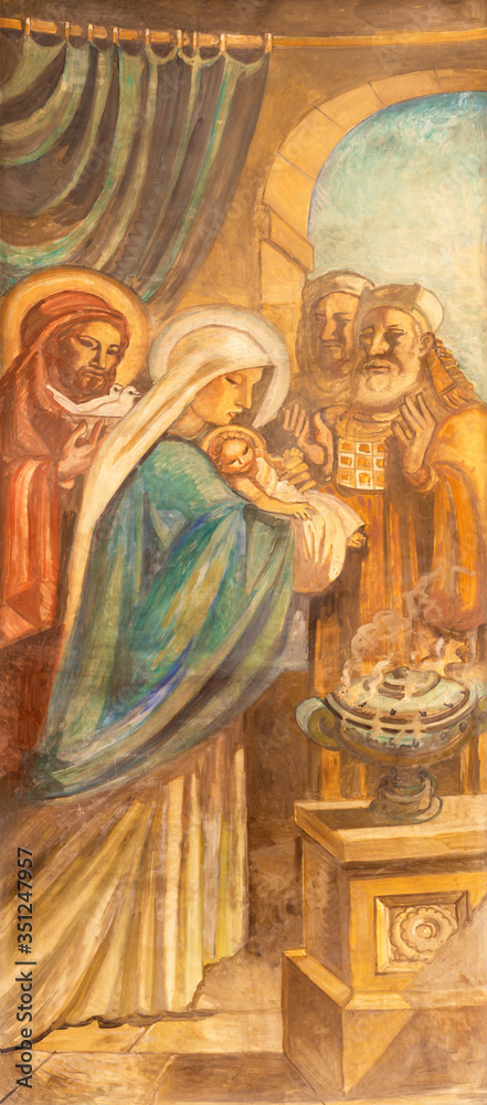 BARCELONA, SPAIN - MARCH 3, 2020: The fresco of Jesus in the Temple in the church Parroquia Santa Teresa de l'Infant Jesus by Francisco Labarta (20. cent.).