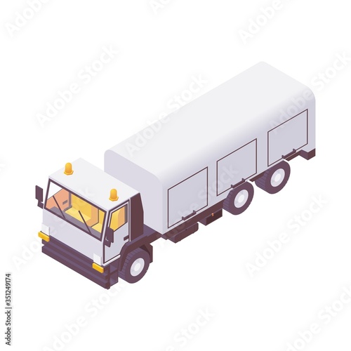 Isometric airport catering truck to carry and load containers with airline food for passengers.