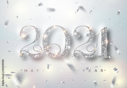 Happy New Year 2021 Greeting Card with Silver Numbers and Confetti Frame on White Background. Vector Illustration. Merry Christmas Flyer or Poster Design. Vector.