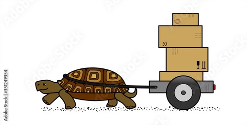 vector cute land turtle carrying a cart with boxes, side view; cardboard boxes with marking; slow delivery; isolated on a white background; symbol of slowness