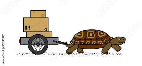 Side View Of A Vector Cute Land Turtle Carrying A Cart With Boxes. Cardboard Boxes With Marking. Slow Delivery. Isolated On A White Background. Symbol Of Slowness