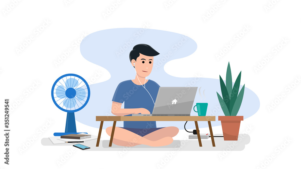 Working at home vector, man working with laptop on  low table. work from home concept.