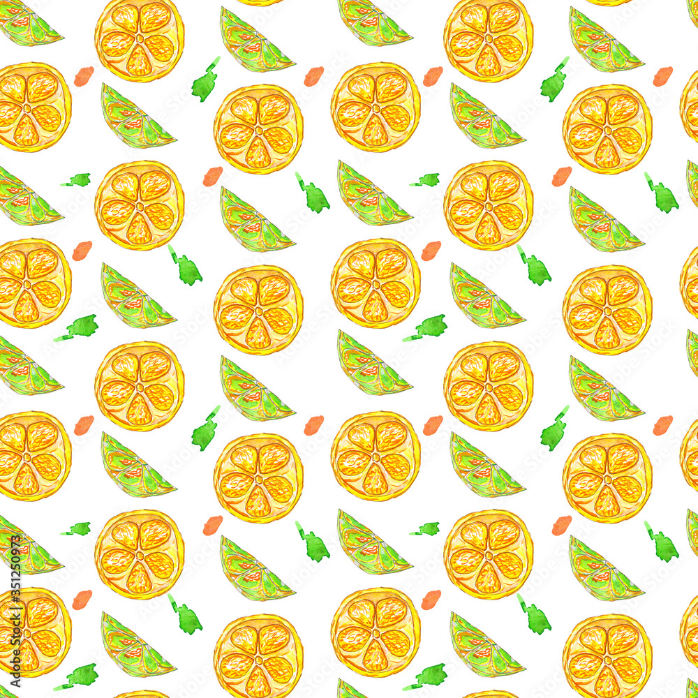 Raster seamless pattern with citrus slices in white background. Orange and lime tracery.