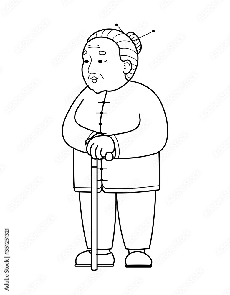 outline vector Asian, Chinese, Korean, Mongolian, Vietnamese Old Woman With A Cane. Elderly Woman in trousers, Senile People Concept. Babushka. Isolated On A White Background. outline vector Asian, Chinese, Korean, Mongolian, Vietnamese Old Woman With A Cane. Elderly Woman in trousers, Senile People Concept. Babushka. Isolated On A White Background.