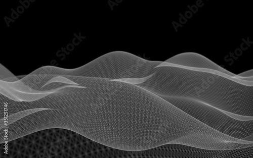 Abstract gray landscape on a black background. Cyberspace grid. hi tech network. 3d technology illustration. Depth of field. 3D illustration