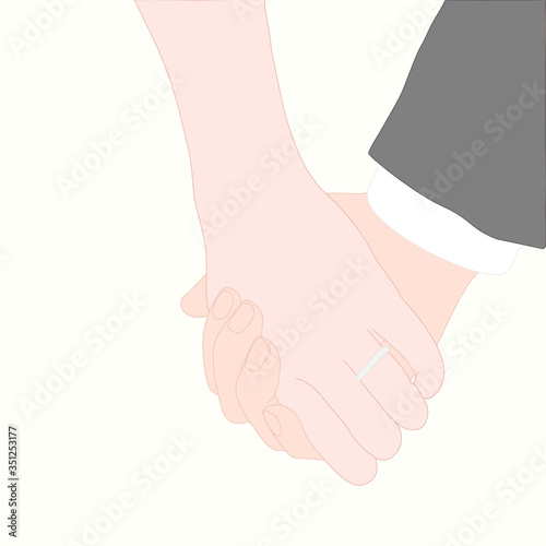 woman hand who is wearing a ring. she is holding man hand tightly. wedding day, ceremony, love, anniversary, connection, bonding concept.