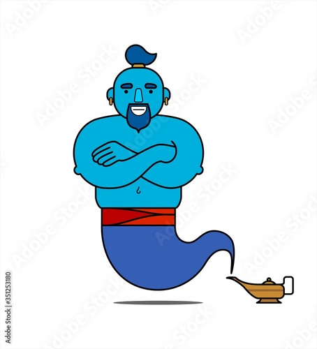 Blue genie from the lamp, cartoon character, standing with his arms crossed. The genie will fulfill any three wishes. Illustration, poster for a children's room. 