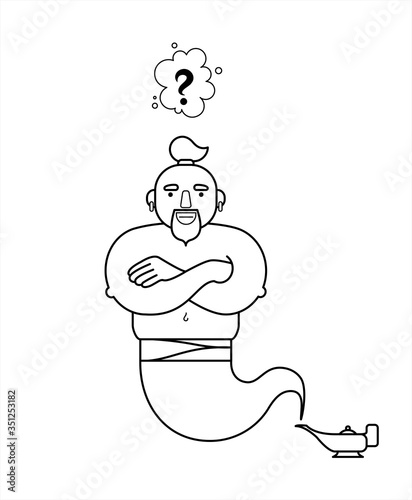 outline, contour genie from a lamp, cartoon character. For coloring book page. The genie will fulfill any three wishes. What desire do you make? Question mark. Isolated on a white background.
