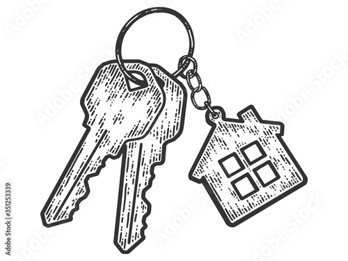 Bunch of keys with a keychain house. Sketch scratch board imitation.
