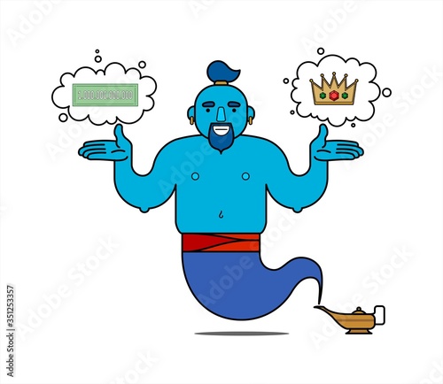 Blue genie from the lamp, cartoon character. The genie will fulfill any three wishes. I want wealth, I want power. Banknote and crown are symbols of wealth and power. Isolated on a white background.