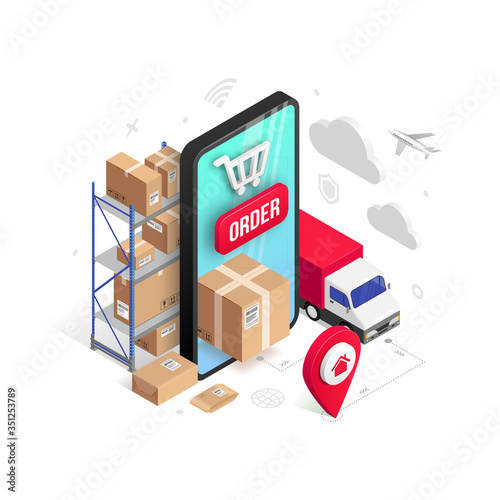 Delivery online isometric design concept with smartphone, parcel box, truck, pin, storage shelves isolated on white. Logistic order delivery service 3d vector illustration for web, mobile app, advert