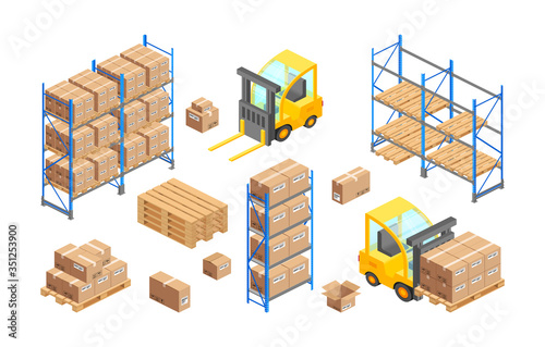Isometric delivery warehouse vector illustration. 3d storage infographics, cargo logistics transport concept. Forklift, pallets, carton boxes, parcel, shelves isolated icon set for web site, app, adv