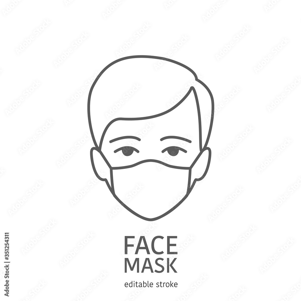 Man avatar wearing facial protective mask. Editable icon. Premium design.