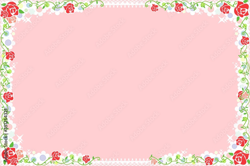 frame with roses on pink background .