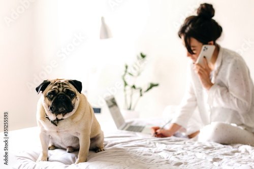 Young beatiful girl is talking by phone and writes a note and near her is lying a dog. Home office. Concept of working and studying at isolation. photo