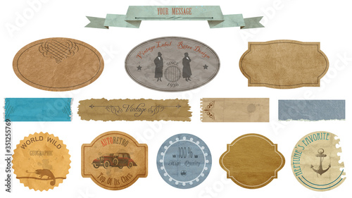 Vintage scrapbooking various vector elements, old scrap papers with torn edges, labels