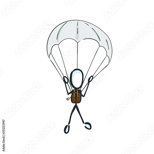 Parachutist jump. Paratrooper fly in the sky. Skydiving. Hand drawn. Stickman cartoon. Doodle sketch, Vector graphic illustration