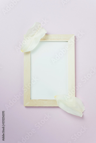 A tenderness white frame on the pink background. A tenderness white frame with the petals photo