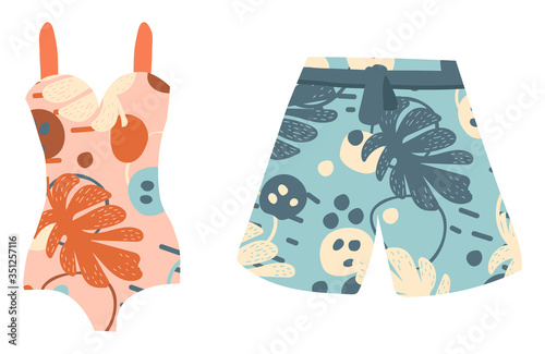 Patterned summer swimsuits for a man and a woman - vector illustrations
