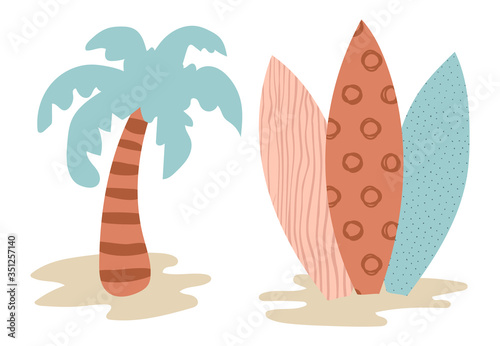 Palm tree, surfboards and sand, summer vector illustrations