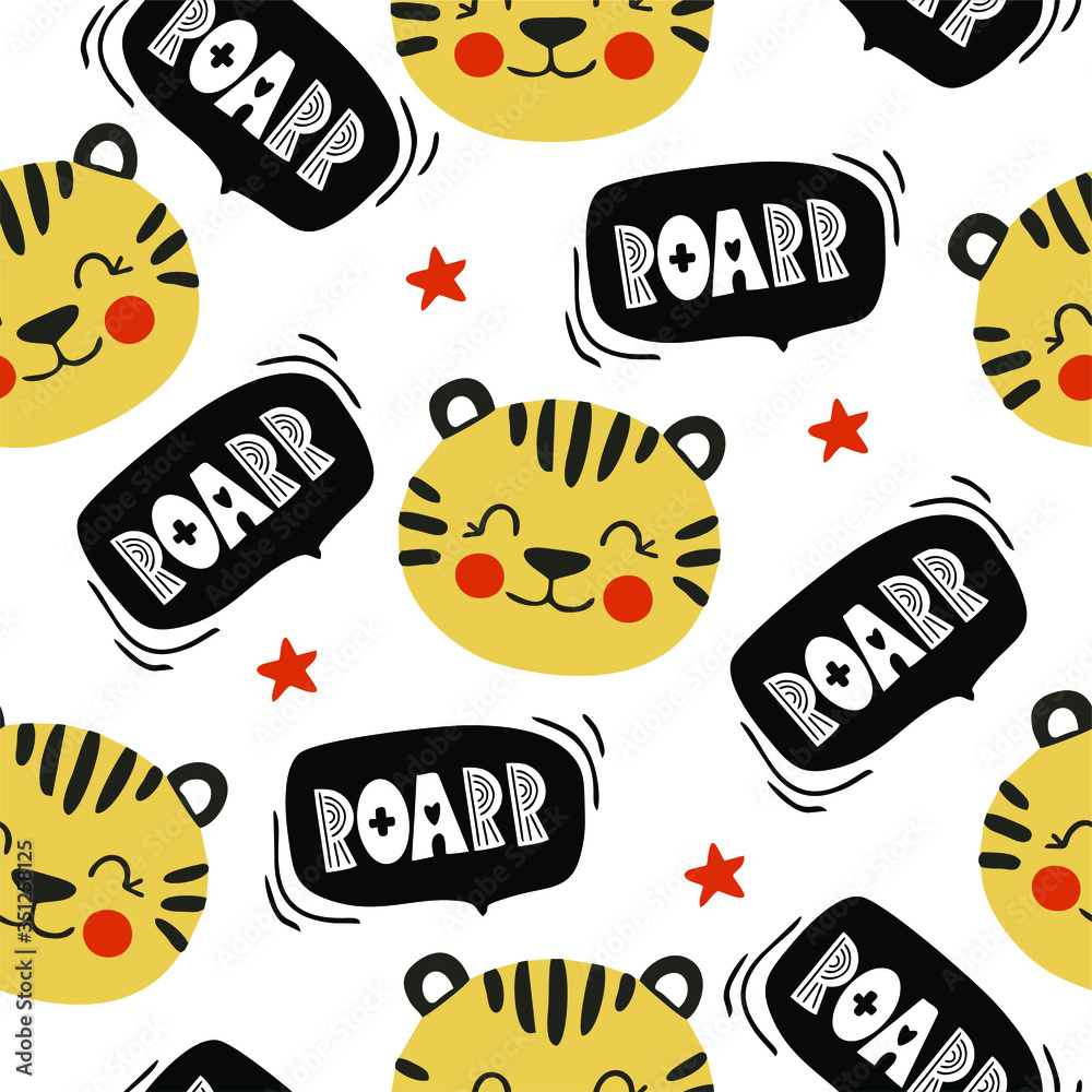 Cute, little tiger cub with the inscription roar and stars, geometric seamless pattern on a white background, isolated vector.