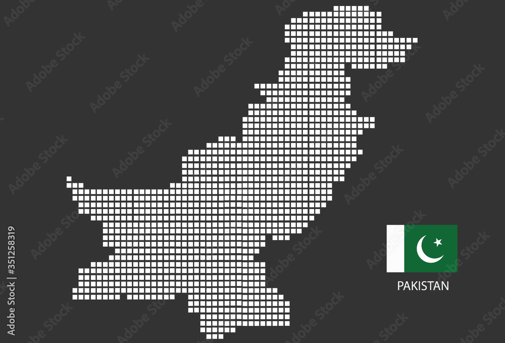 Pakistan map design white square, black background with flag Pakistan.