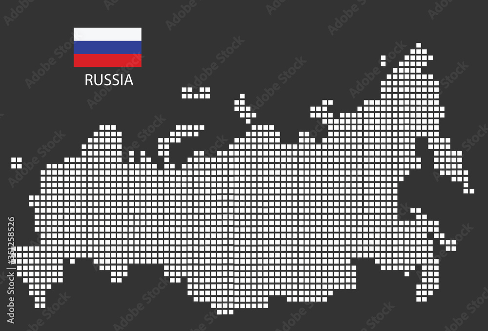 Russia map design white square, black background with flag Russia.