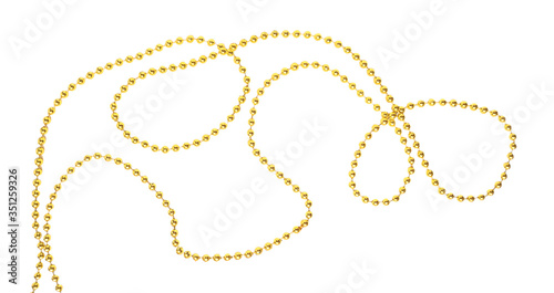 Golden beads necklace for christmas tree or home decoration isolated on white background