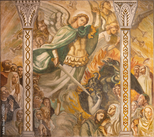 BARCELONA, SPAIN - MARCH 3, 2020: The fresco of Jesus among the sains in the church Parroquia Santa Teresa de l'Infant Jesus by Francisco Labarta (20. cent.).