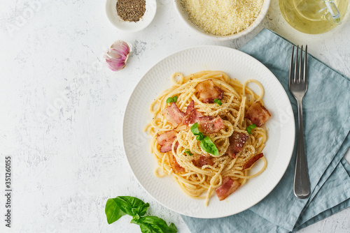 Carbonara pasta. Spaghetti with pancetta, egg, parmesan cheese and cream sauce