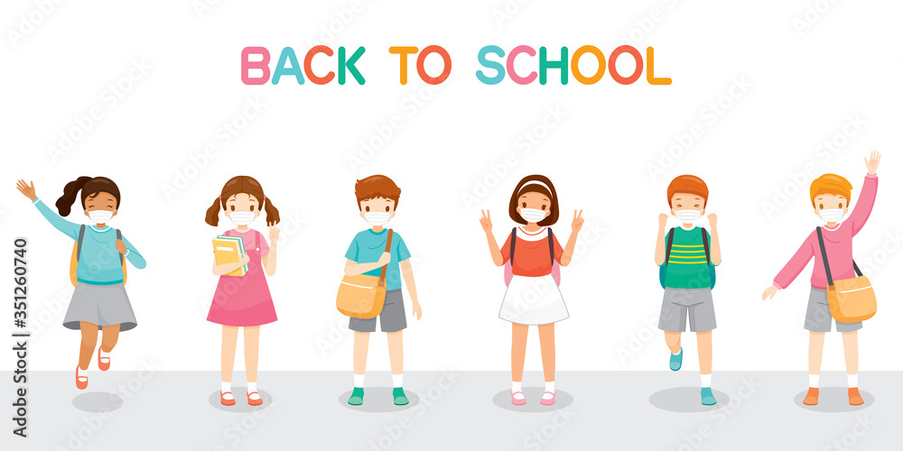 Children Wearing Surgical Mask Happy Back To School, Jumping, Cheerfully Together, Educational, Instruction, Sanitary, Healthcare, Safety Children Wearing Surgical Mask Happy Back To School, Jumping, Cheerfully Together, Educational, Instruction, Sanitary, Healthcare, Safety