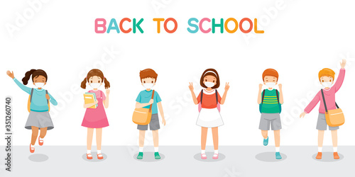 Children Wearing Surgical Mask Happy Back To School, Jumping, Cheerfully Together, Educational, Instruction, Sanitary, Healthcare, Safety