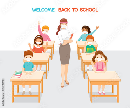 Welcome Back To School, Teacher And Students Wearing Surgical Mask Relaxing In Classroom, Educational, Instruction, Sanitary, Healthcare, Safety
