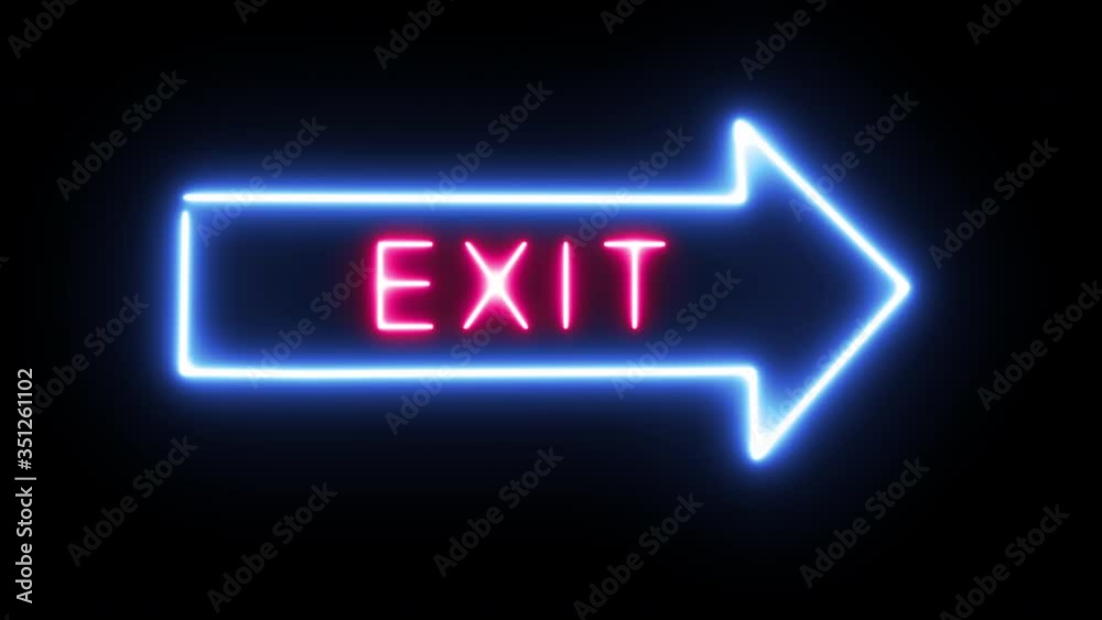 Exit neon light sign animation arrow to the right on black background way out concept Exit neon light sign animation arrow to the right on black background way out concept