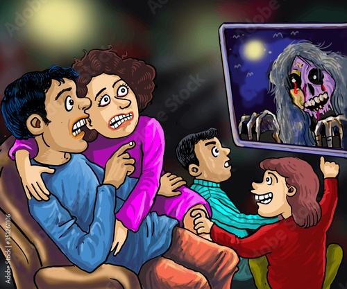 Illustration A family watching a scary movie on television 