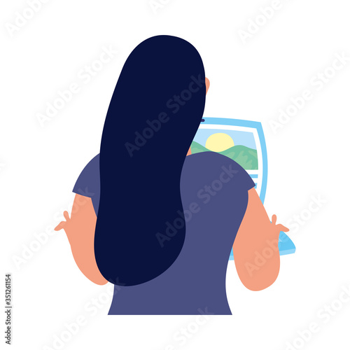 young woman using laptop character