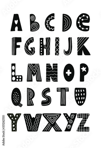 ABC is the latin alphabet. Unique hand drawn nursery poster with handdrawn letters in scandinavian style.