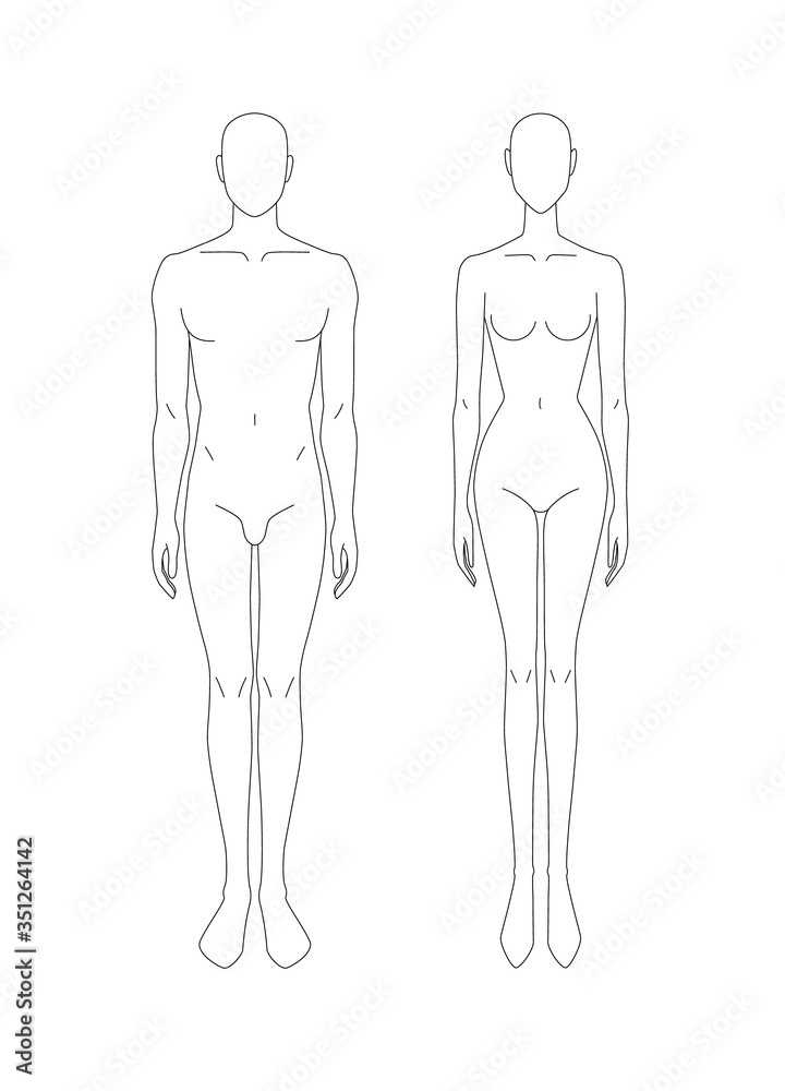 Fashion Template Of Walking Men. 9 Head Size For Technical Drawing With  Main Lines. Gentlemen Figure Front And Back View. Vector Outline Boy For Fashion  Sketching And Illustration. Royalty Free SVG, Cliparts,