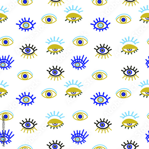 Angry seeing eye mascot symbol, geometric seamless pattern on white background, vector. 