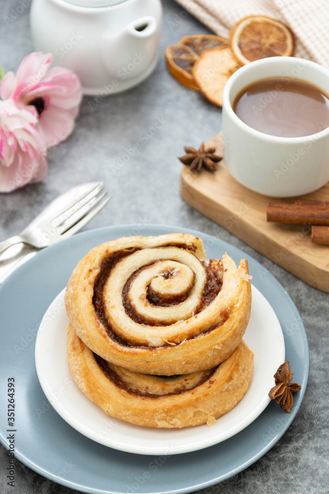 Cinnamon rolls bun, danish pastry with coffee cup for breakfast. Cinnamon rolls bun, danish pastry with coffee cup for breakfast.