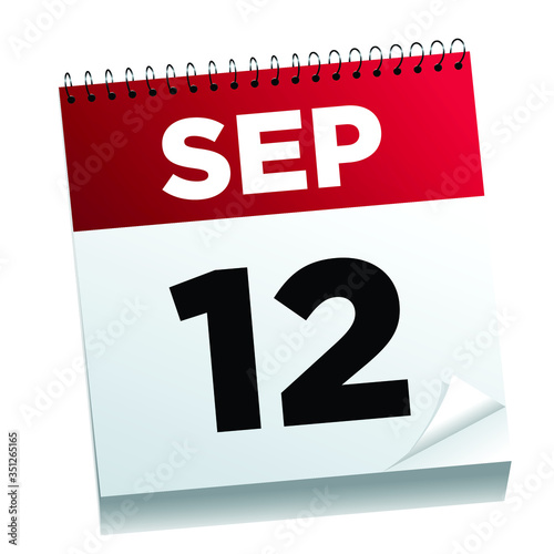 12,september, sept, calendar, date, day, birthday, event, reminder, isolated, deadline, page, red, paper, holiday, year, icon, business, white, symbol, illustration, month, design, 3d, office