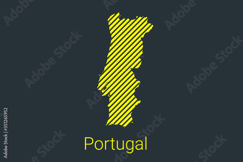 Map of Portugal, striped map in a black strip on a yellow background for coronavirus infographics and quarantine area markers and restrictions. vector
