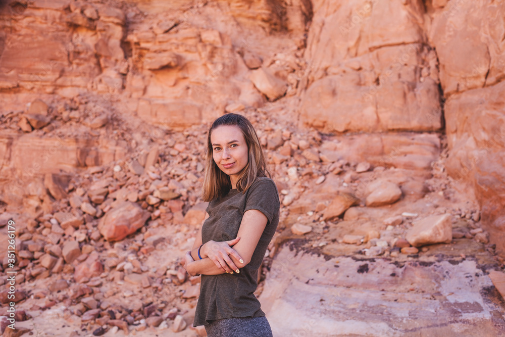 Beautiful girl on a background of nature of Egypt. Portrait photo of a girl traveler. In the background is the desert. Photo for tour agency
