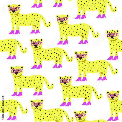 Fashionable leopard cartoon  in pink glasses and shoes. Isolated vector  geometric seamless pattern on a white background. 