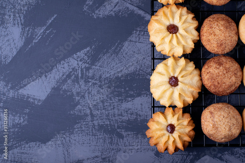 Shortbread cookie assortment on the pastry lattice. Top view photo